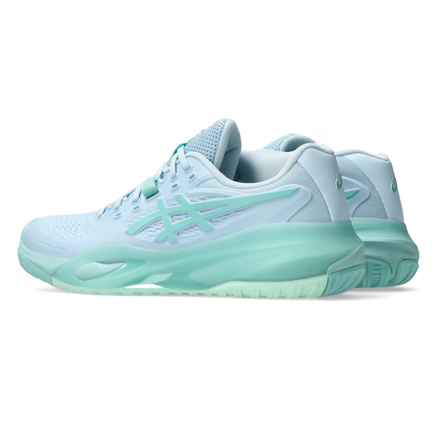 A pair of Asics tennis shoes in light blue and mint green, shown from a three-quarters angle on a white background.