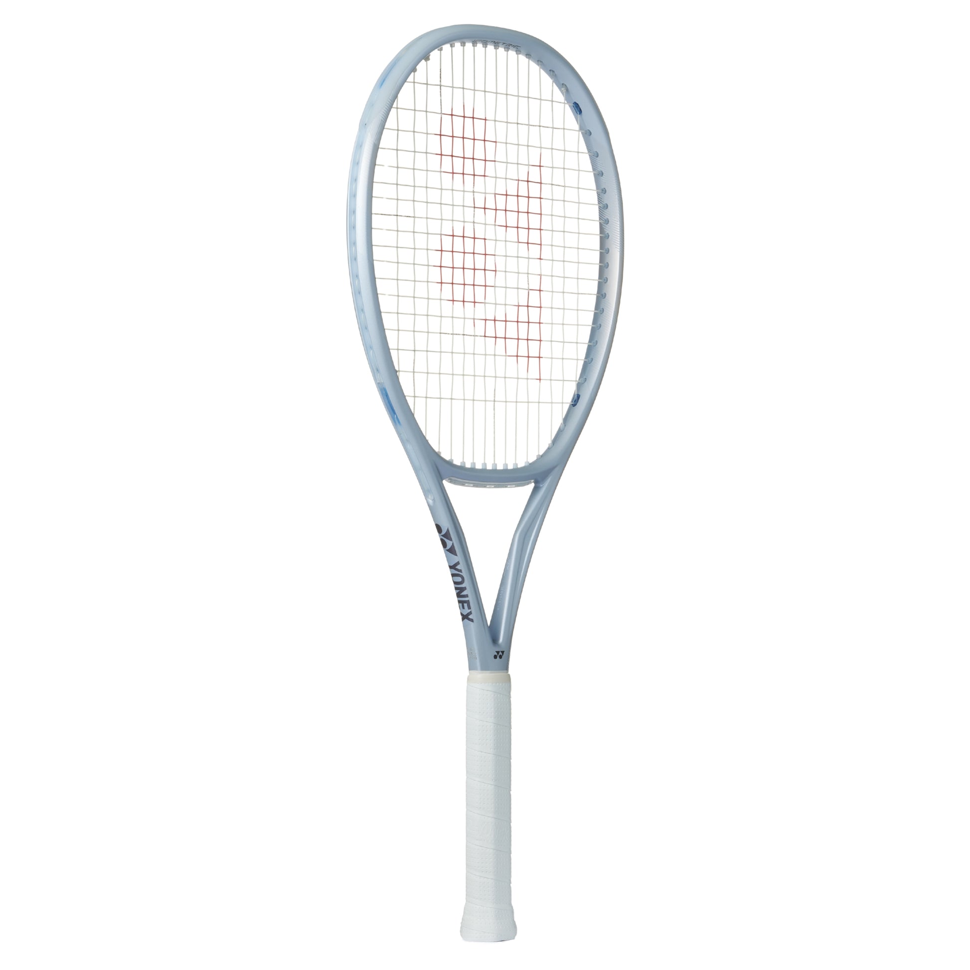 Silver Yonex tennis racket with white handle on a white background