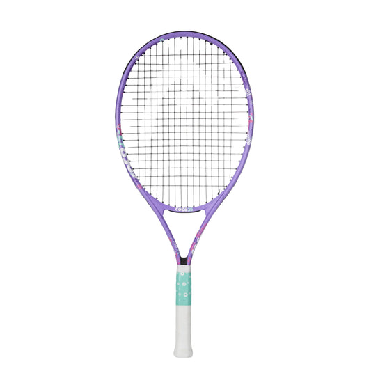 A purple and pink Head tennis racket with a white grip and mint green tape wrap, shown vertically against a plain white background.