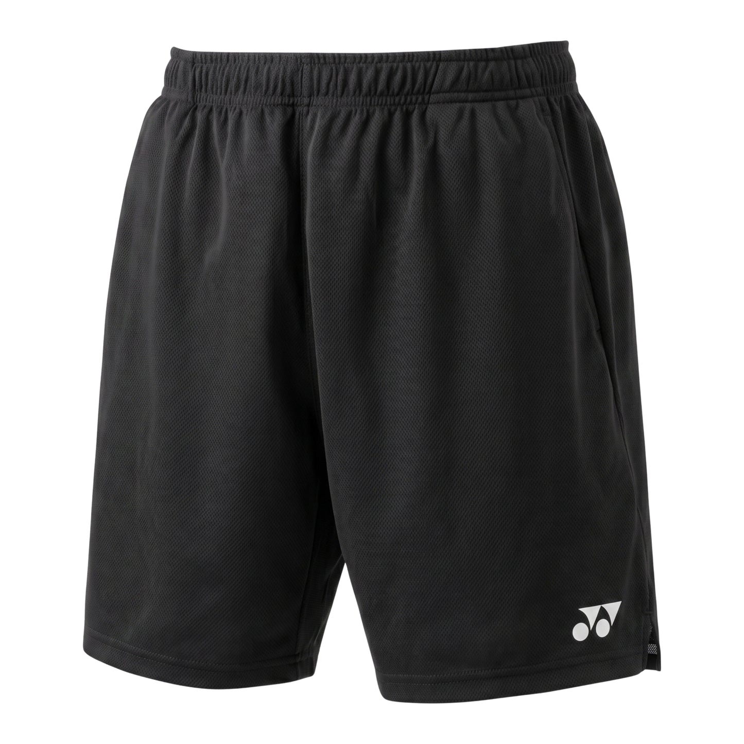 Black Yonex shorts with a logo on a white background
