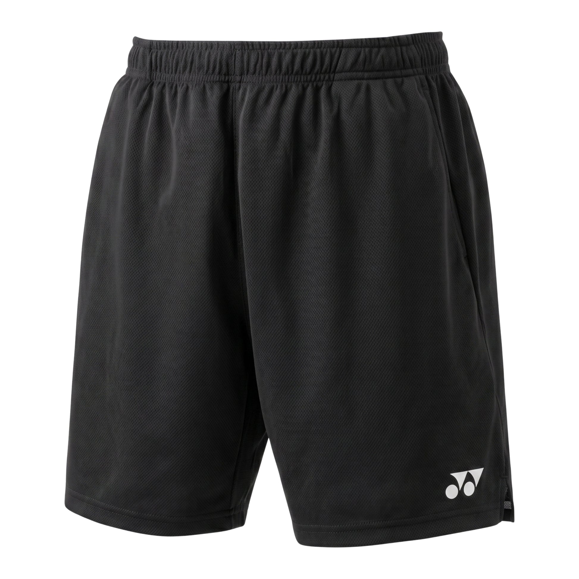 Black Yonex shorts with a logo on a white background