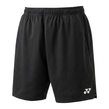 Black Yonex shorts with a logo on a white background