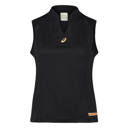 Black sleeveless tank top with a logo on a white background