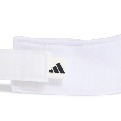 White Adidas visor with a black three-bar logo on a white fastening tab, shown against a plain white background.