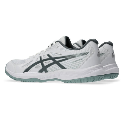 A pair of ASICS squash shoes in white and dark gray, shown from a side profile view against a plain white background.