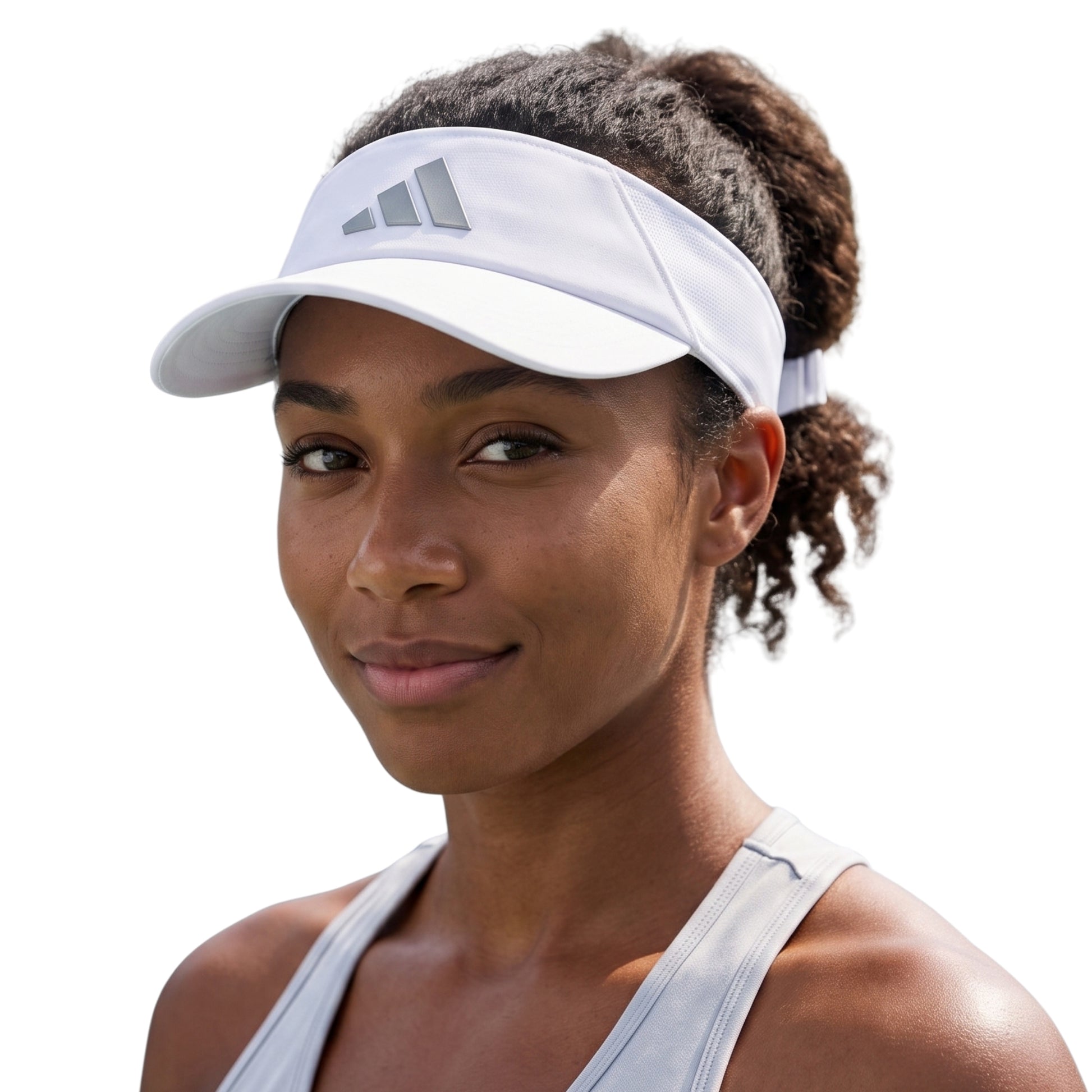 A woman wearing a white Adidas visor with the brand's three-stripe logo on the front, shown against a plain white background.