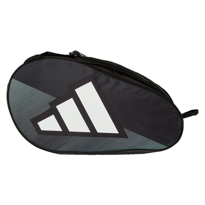 Black Adidas racket bag with white stripes on a white background