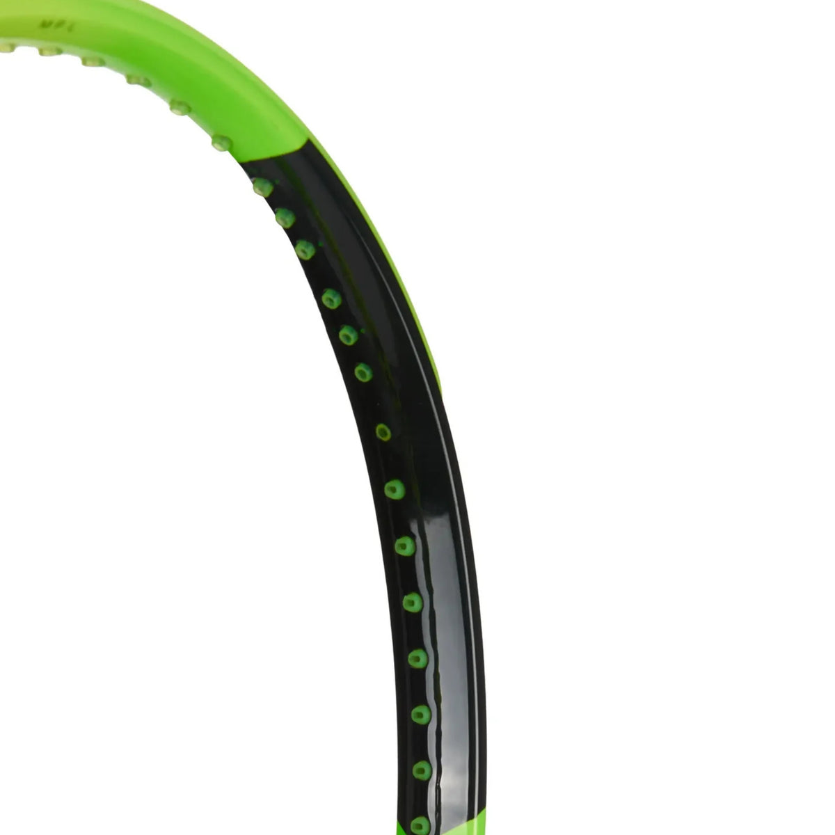 Close-up of a Head tennis racket frame showing a bright neon green and black color scheme with green string tape details, on a white background.