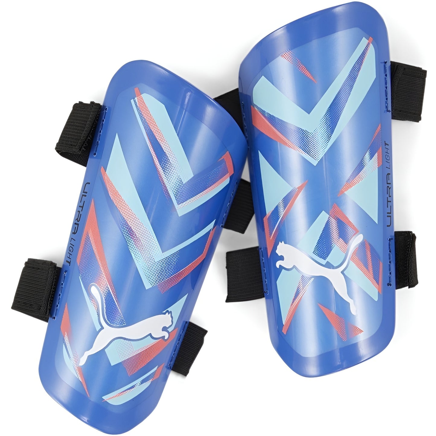 Blue shin guards with Puma logo on a white background