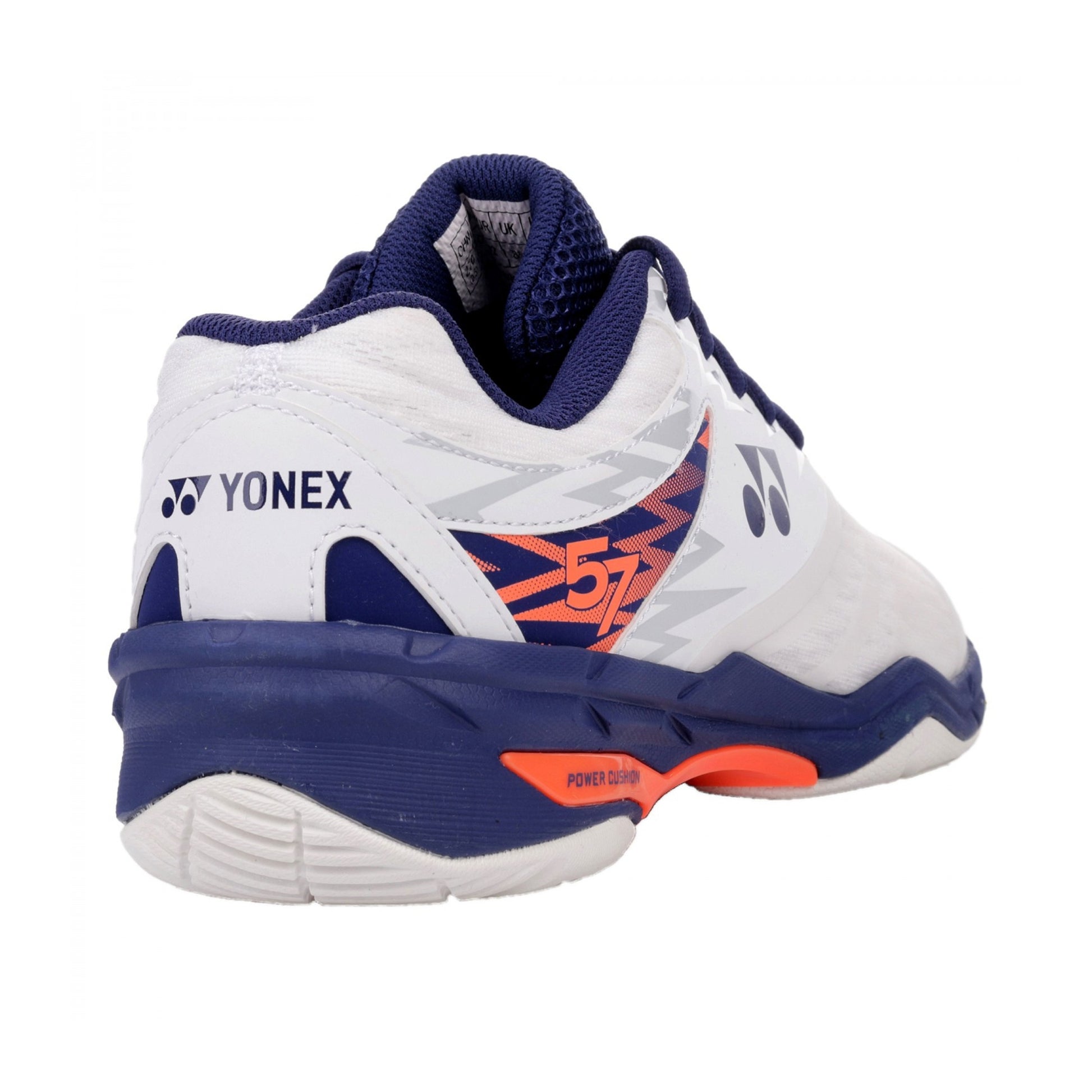 White Yonex squash with orange and blue accents on a white background