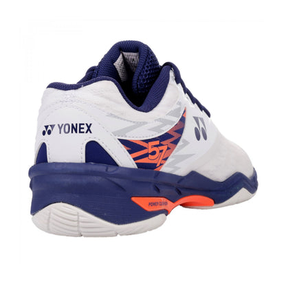 White Yonex squash with orange and blue accents on a white background