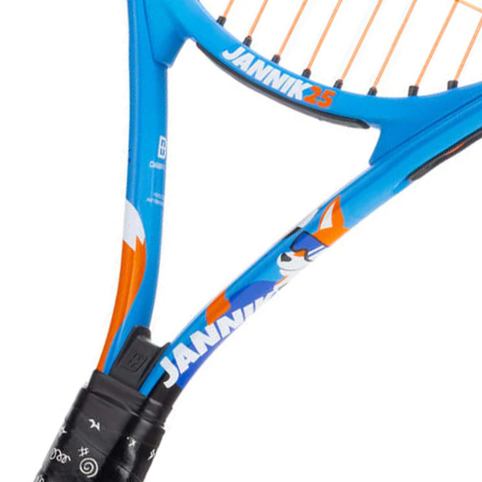 Close-up of a Jannik 25 tennis racket featuring a bright blue frame with orange, white, and blue graphics, including a cartoon fox design, and a black grip.