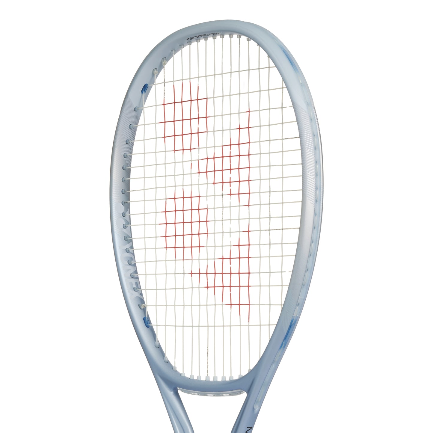 Silver Yonex tennis racket with red string pattern on a white background