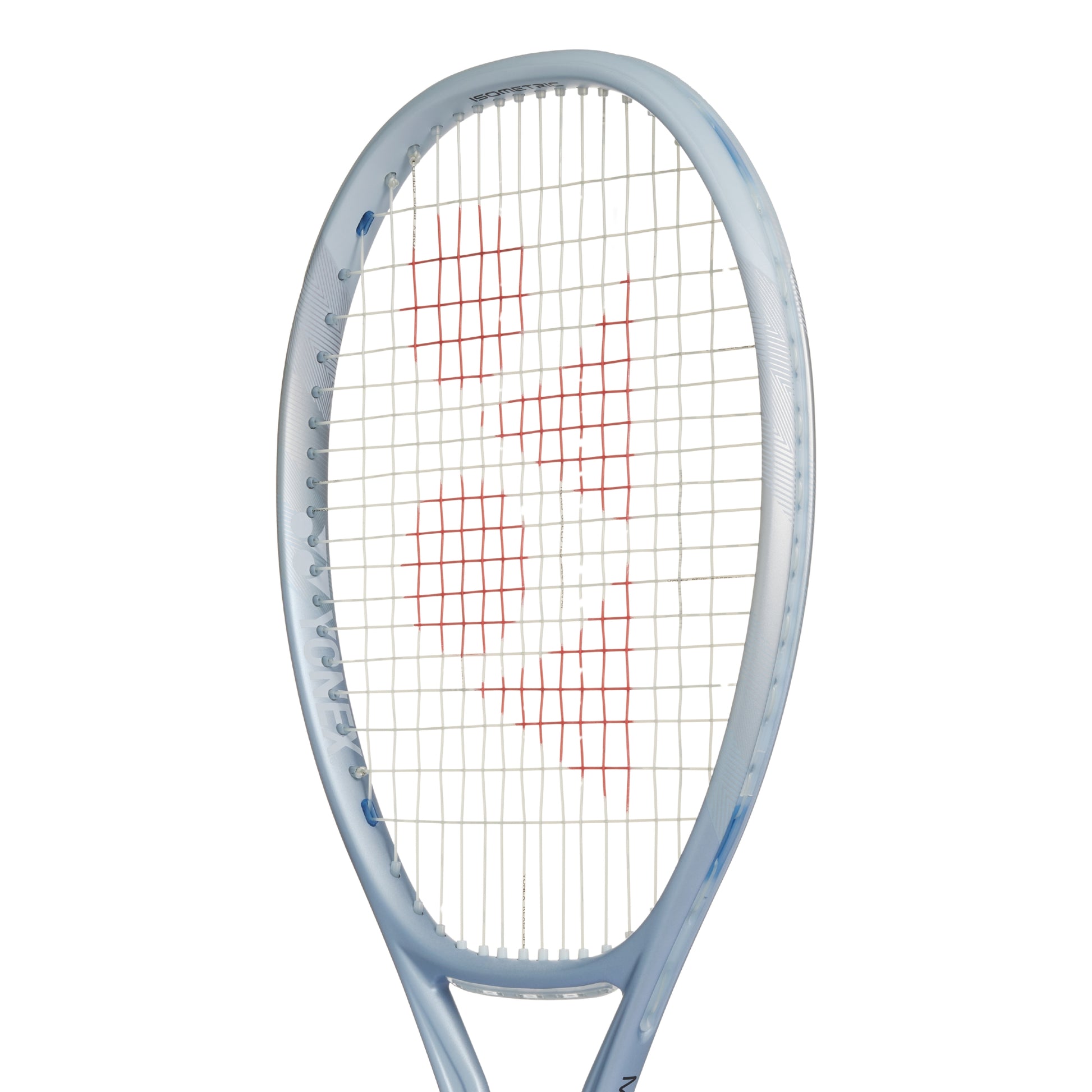 Silver Yonex tennis racket with red string pattern on a white background