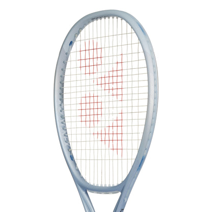 Silver Yonex tennis racket with red string pattern on a white background