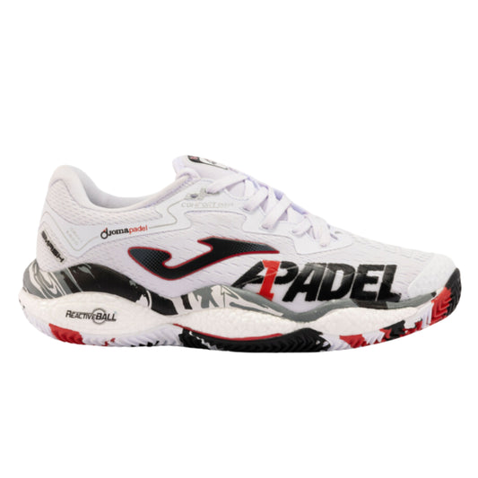 White padel shoe with black and red design on a white background