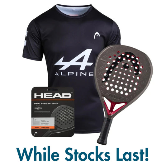 Black sports shirt with Alpine logo, paddle, and packaging on a white background