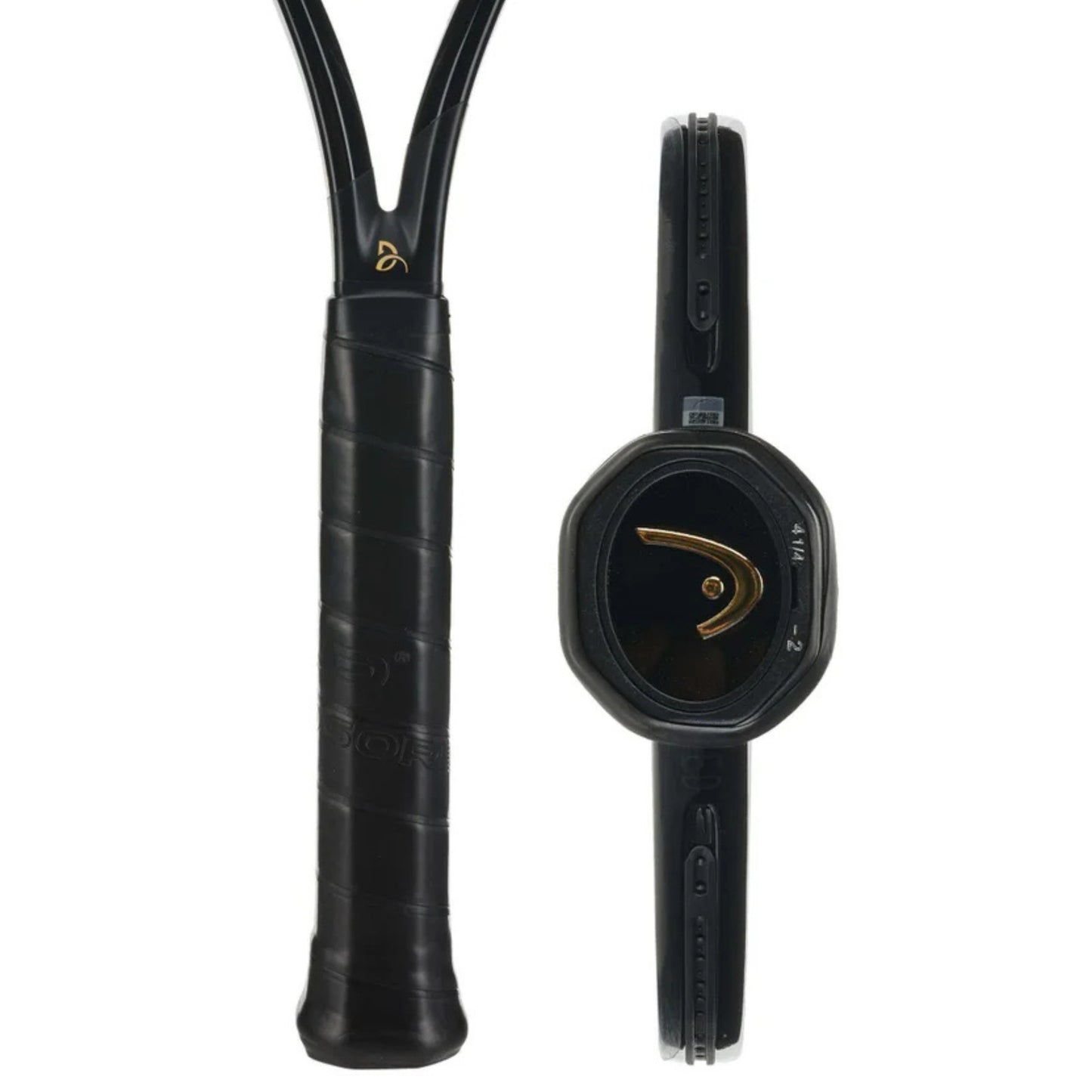 Black Head tennis racket with a close-up of the handle on a white background