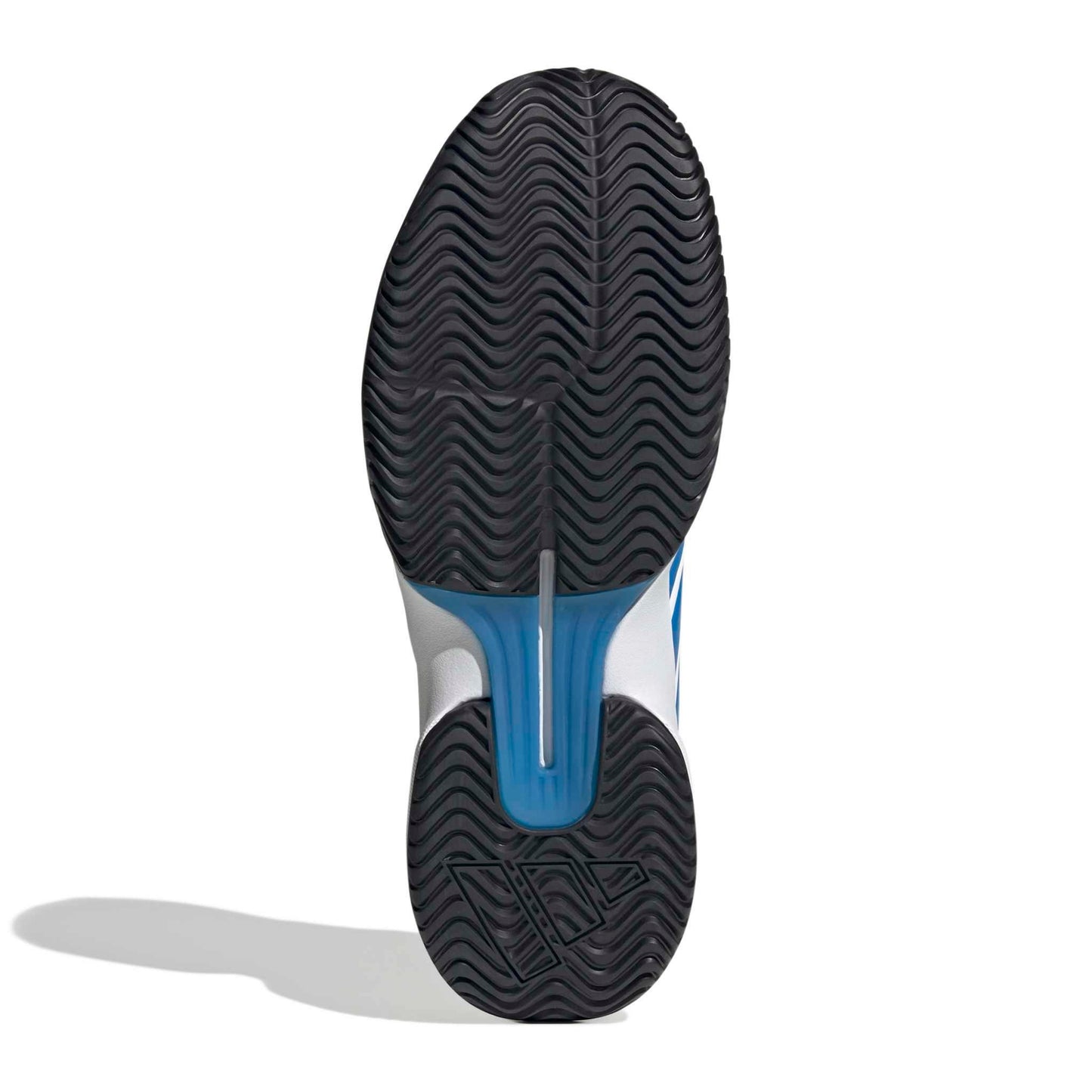 Bottom view of a tennis shoe with a tread pattern on a white background