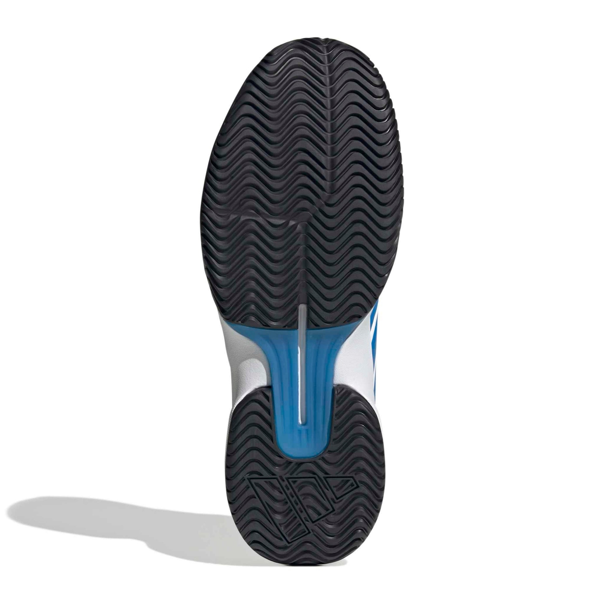 Bottom view of a tennis shoe with a tread pattern on a white background