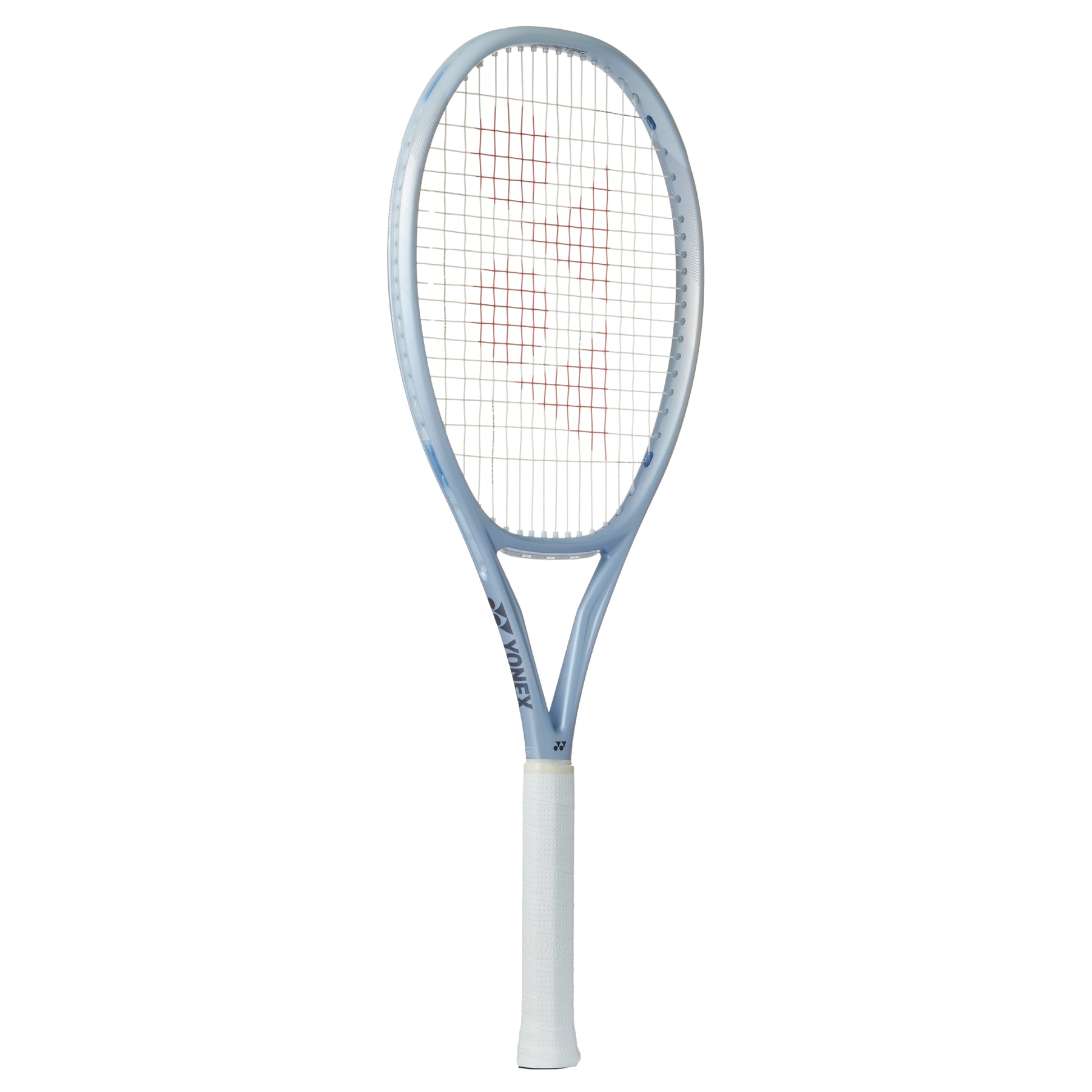Silver Yonex tennis racket with a white handle on a white background