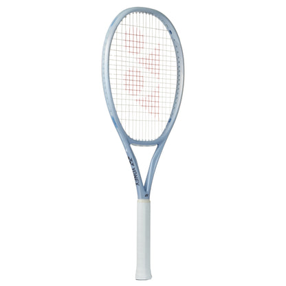 Silver Yonex tennis racket with a white handle on a white background
