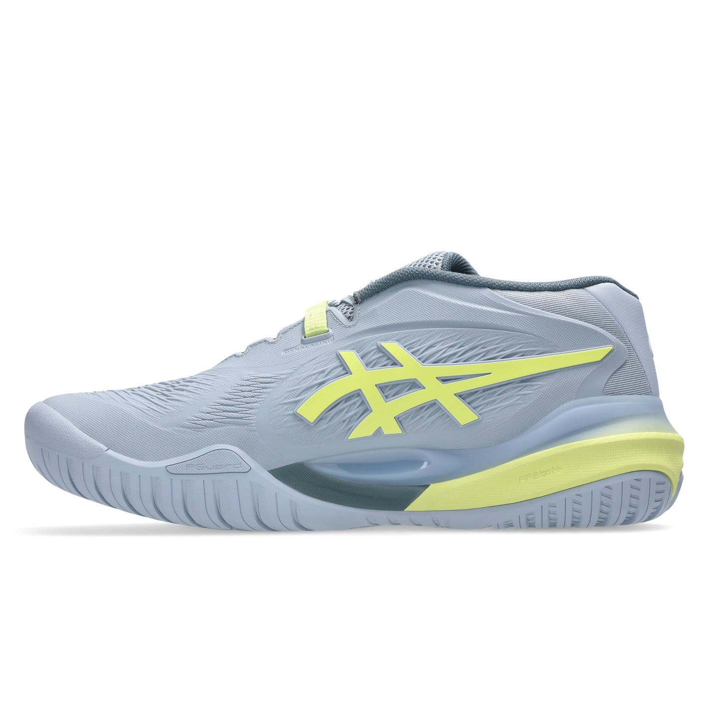 Gray tennis shoe with yellow accents on a white background