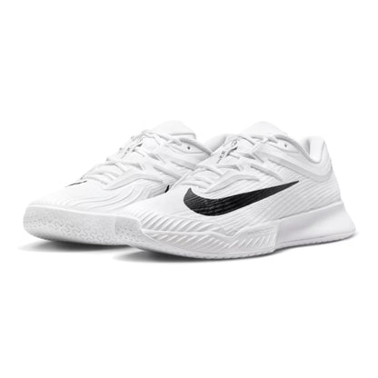 White tennis shoes with black Nike logo on a white background