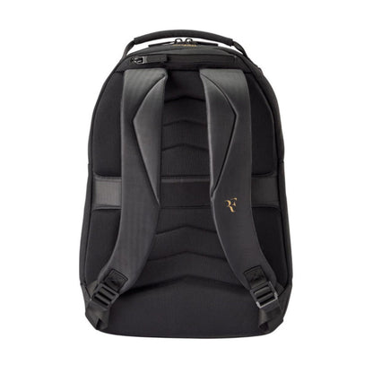 Black backpack with visible brand logo on a white background