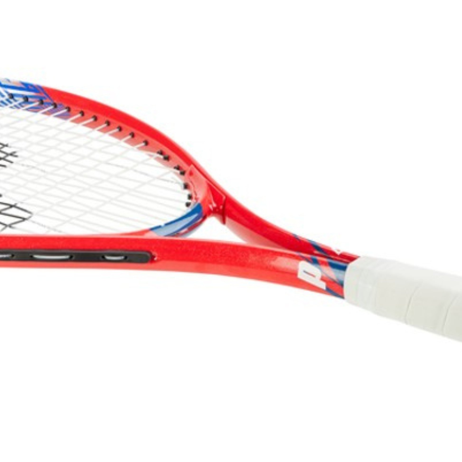Red and blue tennis racket on a white background