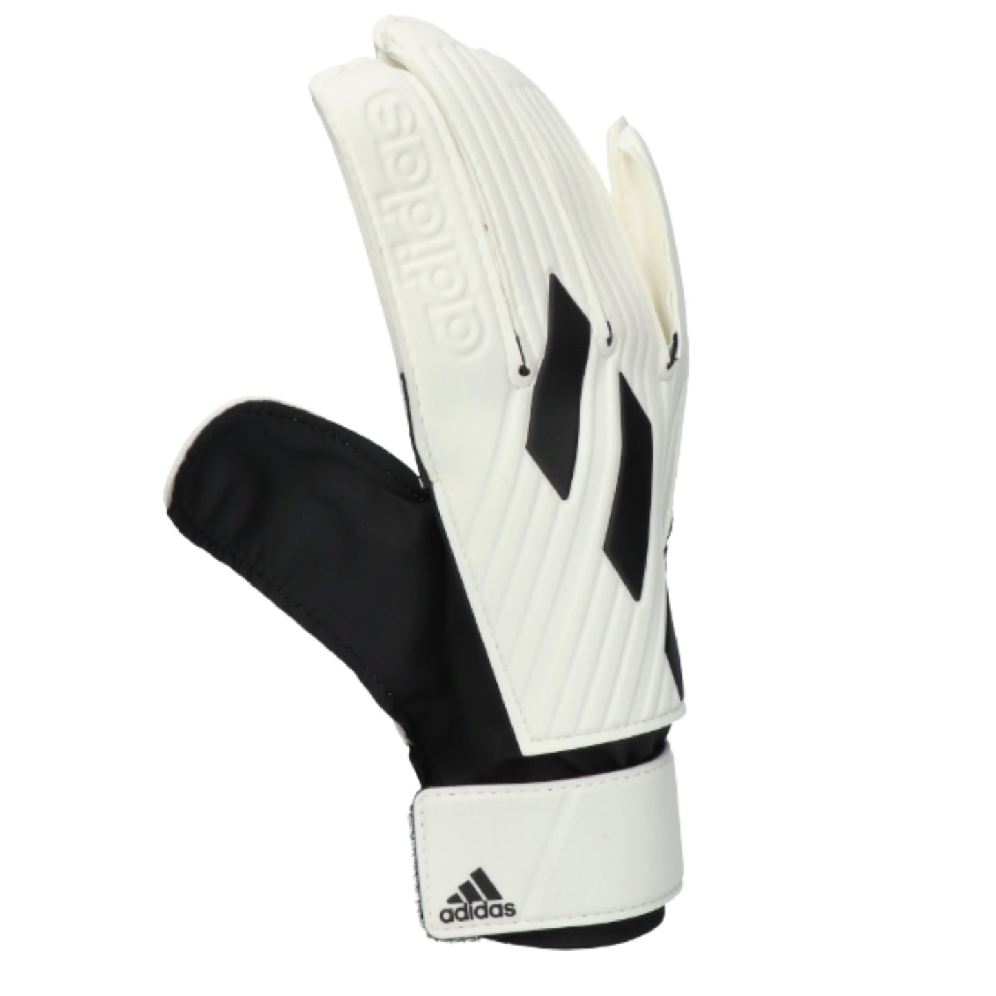Black and white Adidas soccer goalkeeper gloves on a white background