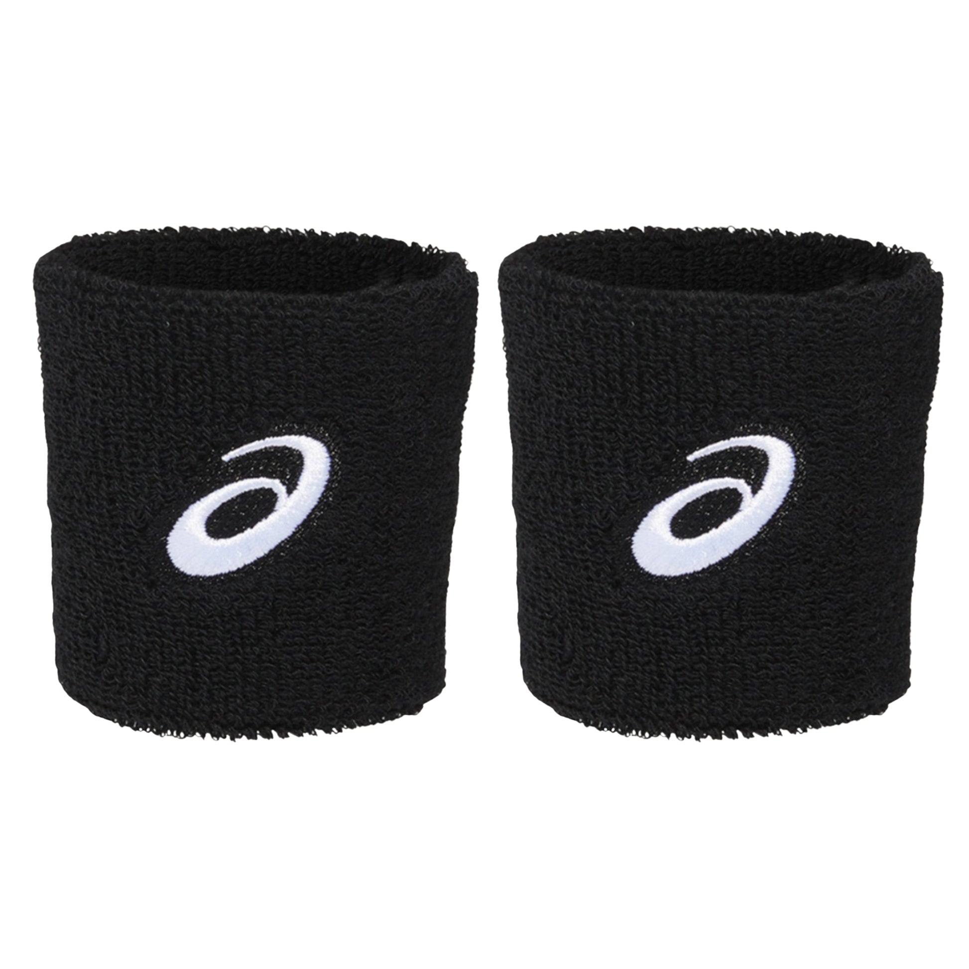 Two black wristbands with white Asics logo on a white background