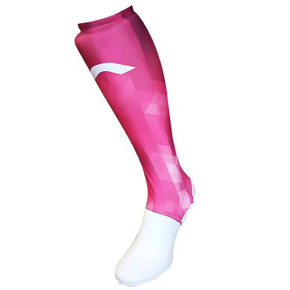 Pink shin liner with a logo on a white background
