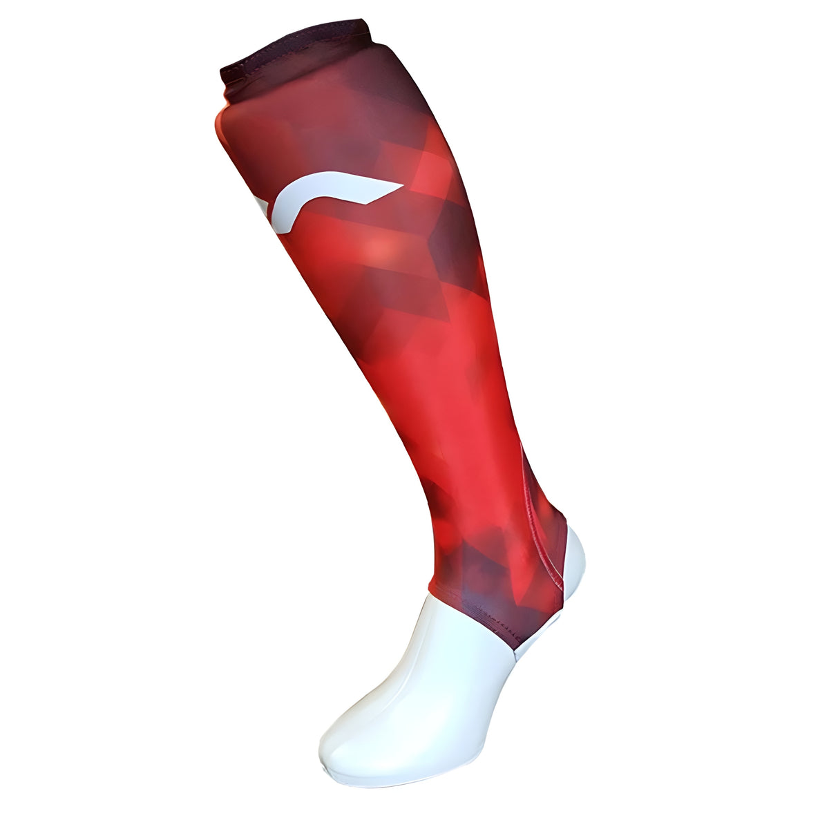 Red shin liner with a logo on a white background