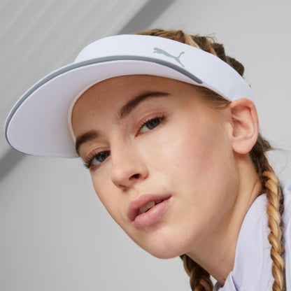 Person wearing a Puma white visor with a brand logo on a plain background