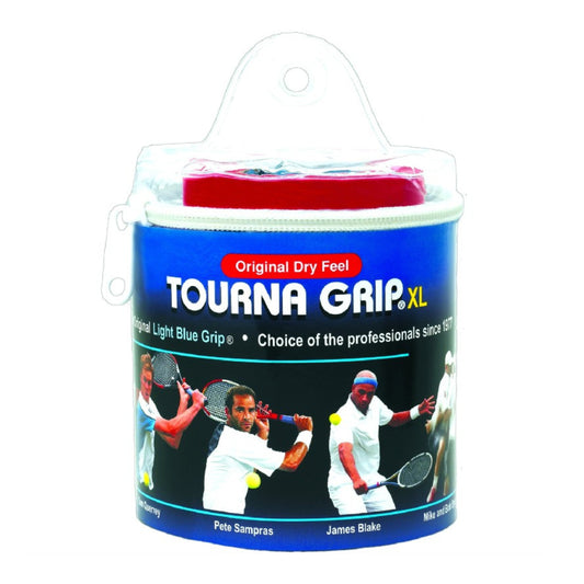 Packaged Tourna Grip XL tennis grip with images of tennis players on a white background
