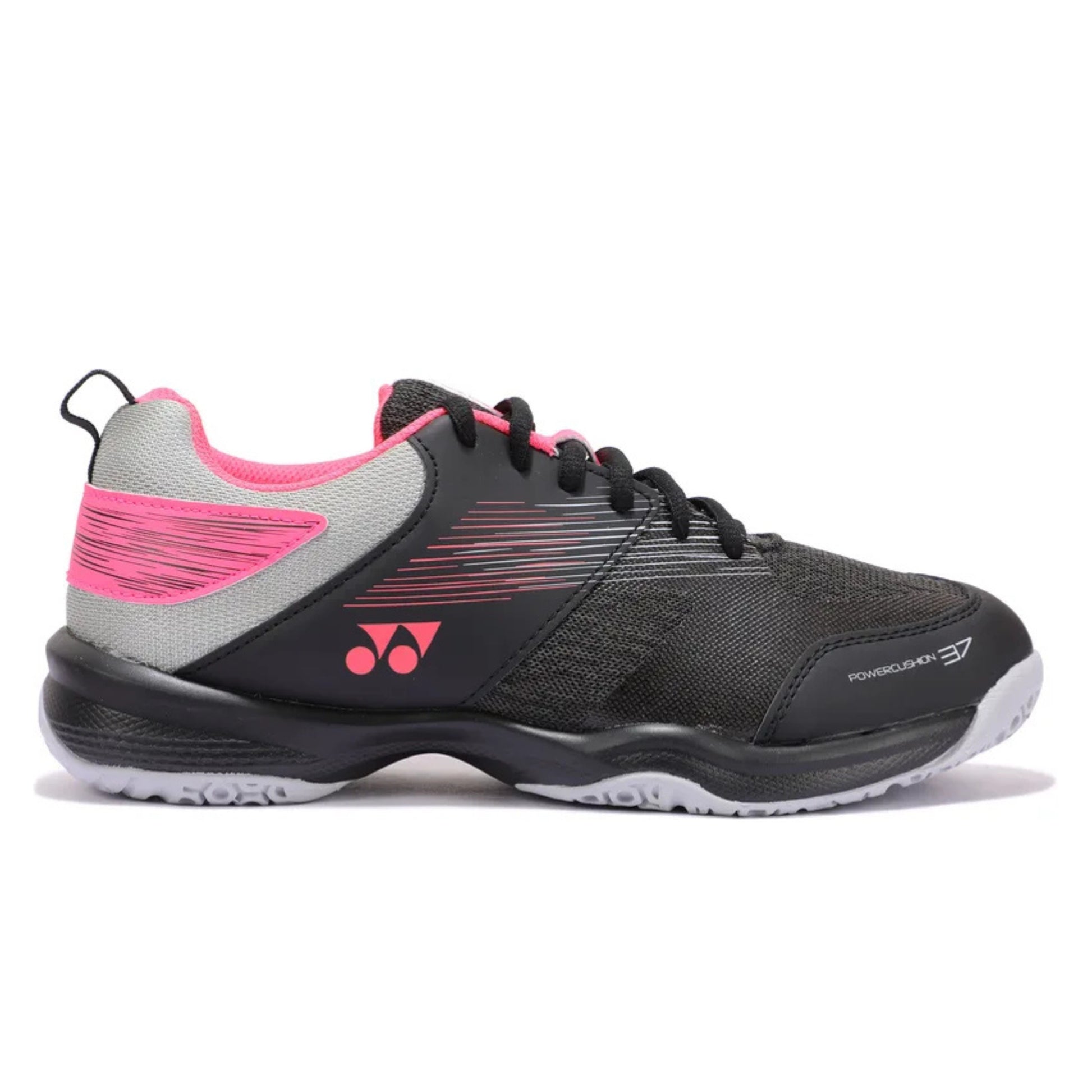 Black and pink Yonex squash shoe on a white background