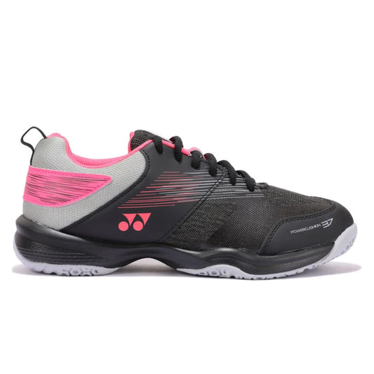 Black and pink Yonex squash shoe on a white background