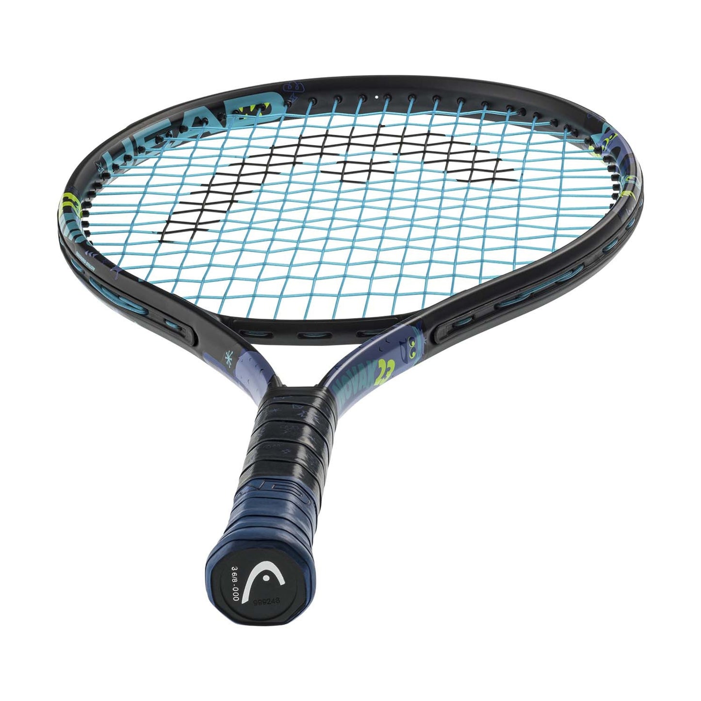 Head tennis racket with blue and black design on a white background