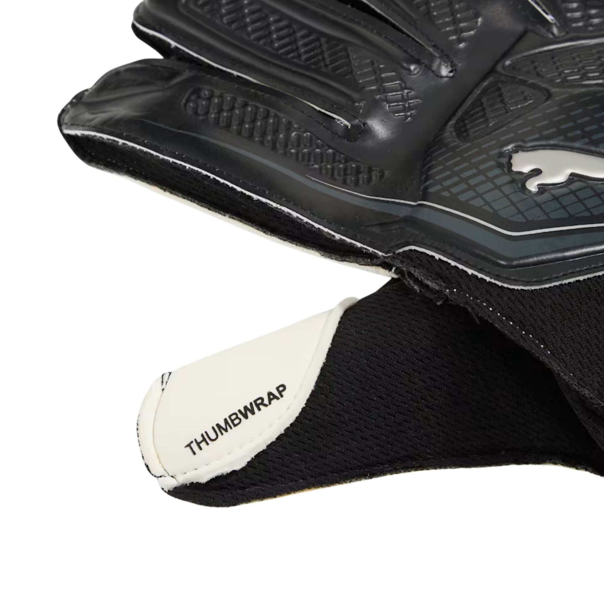 Close-up of a black glove with a thumb wrap and Puma logo on a white background