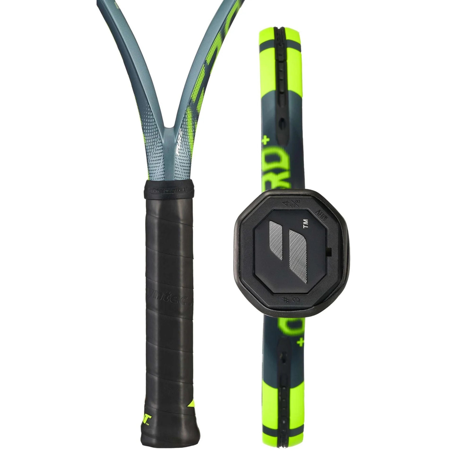Tennis racket with black and green design on a white background