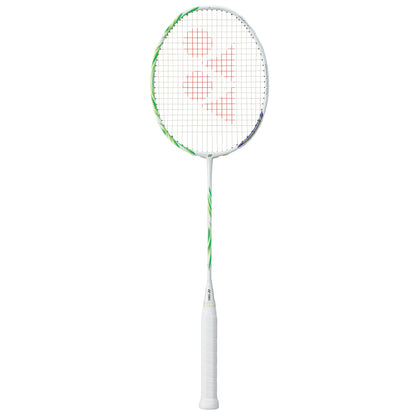 Badminton racket with a white handle and green and white frame on a white background