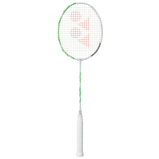 Badminton racket with a white handle and green and white frame on a white background