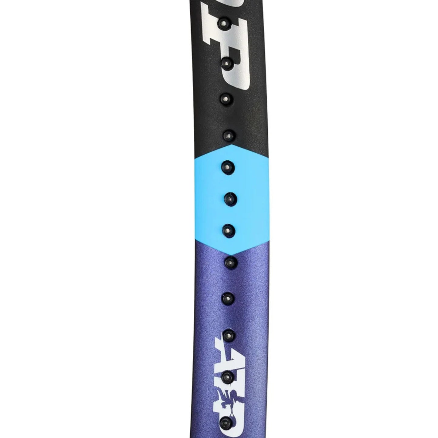 Black and blue tennis racket frame  with branding on a white background