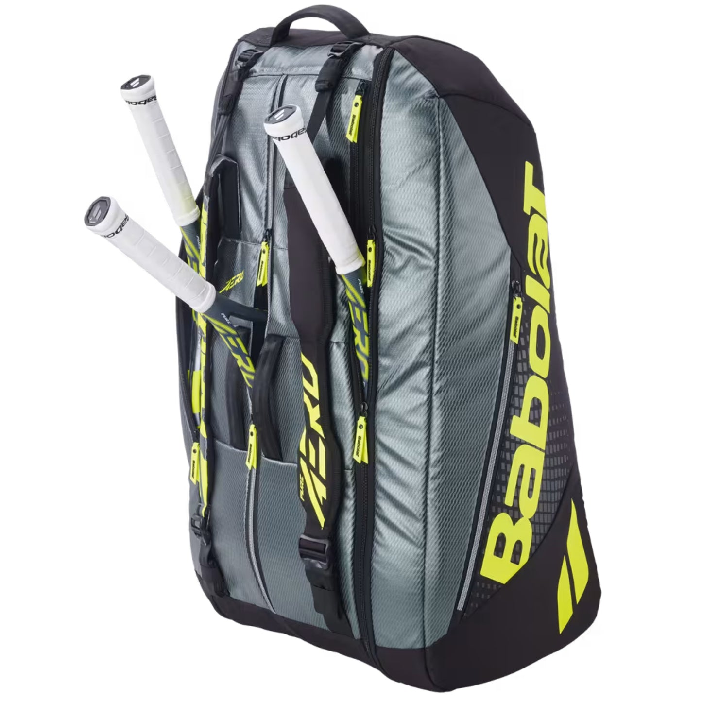 Gray and black Babolat tennis bag with rackets on a white background