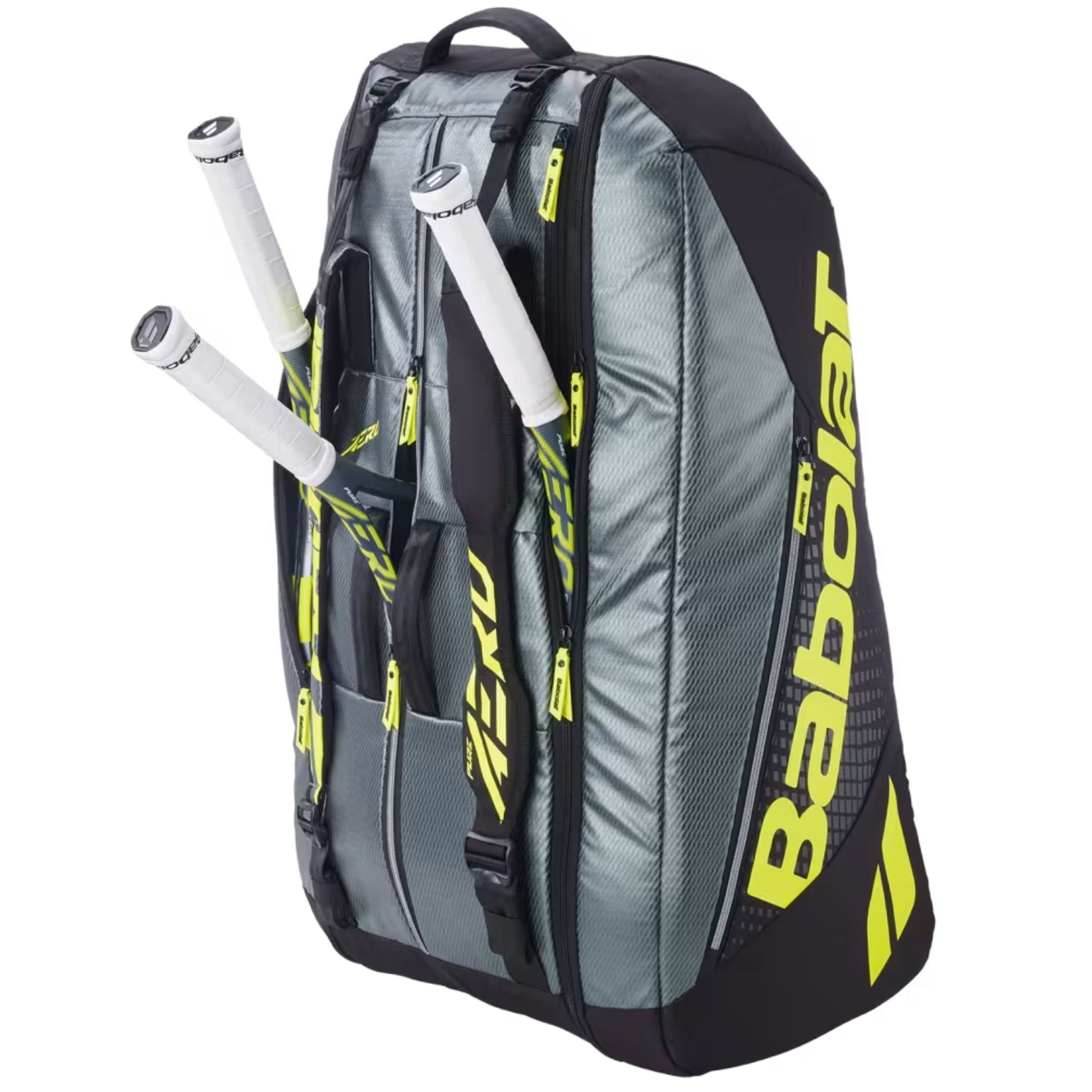 Gray and black Babolat tennis bag with rackets on a white background