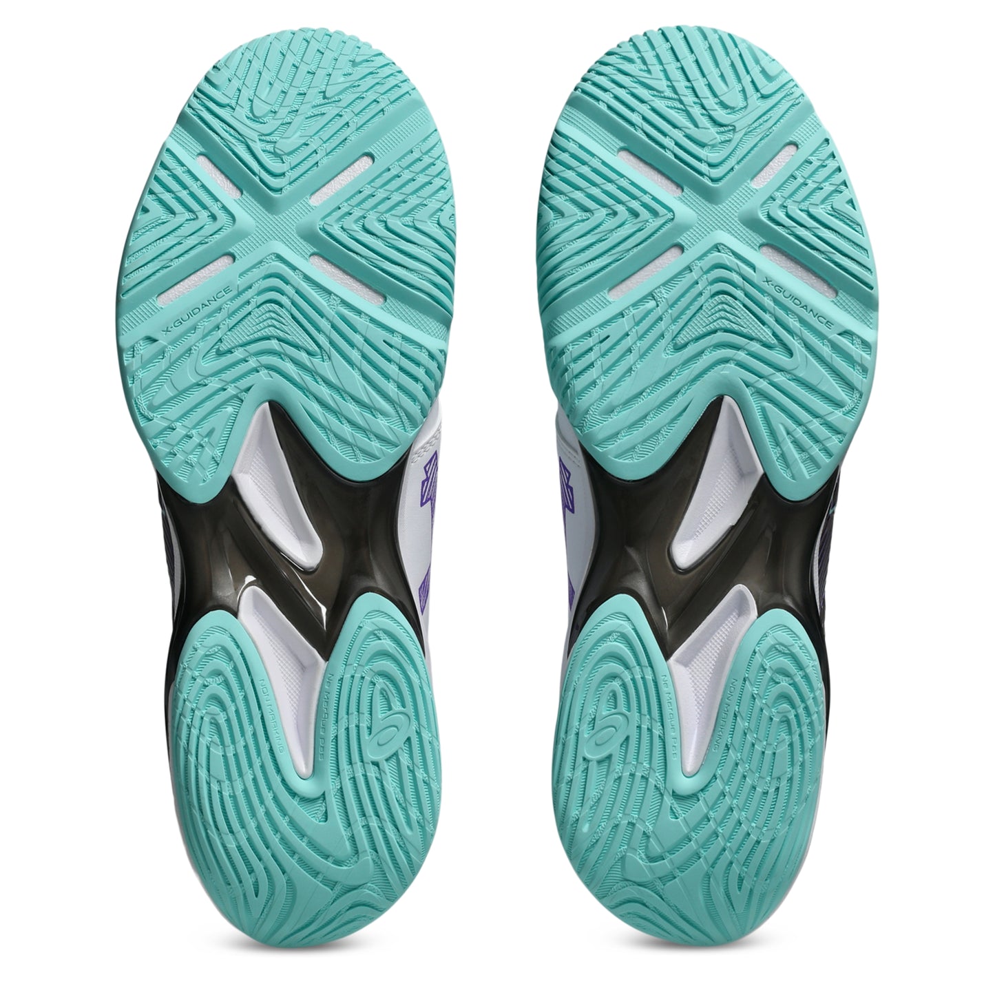 A pair of tennis shoes from the bottom, displaying their textured turquoise and white outsoles with black structural accents in the center.
