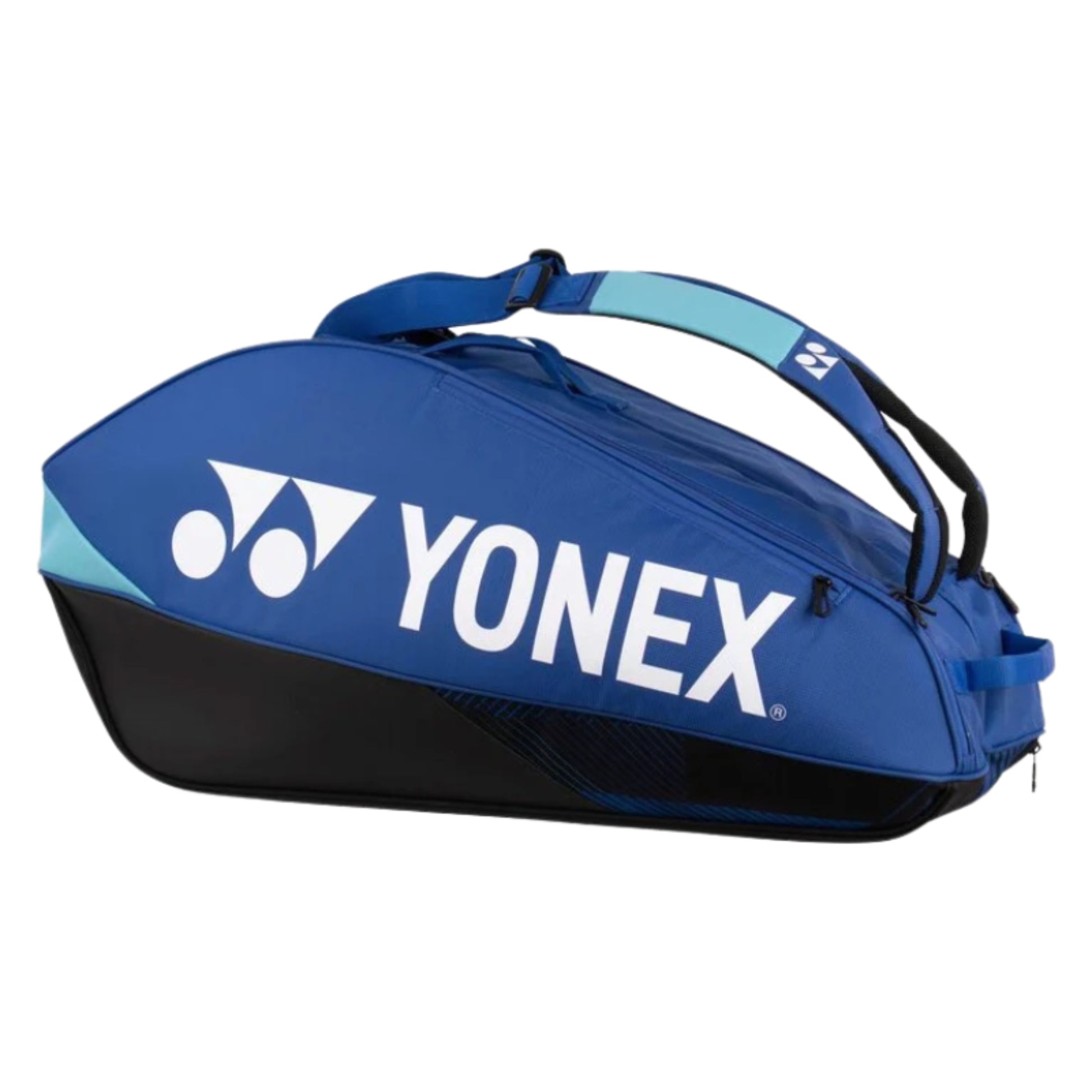 Blue Yonex tennis bag on a white background