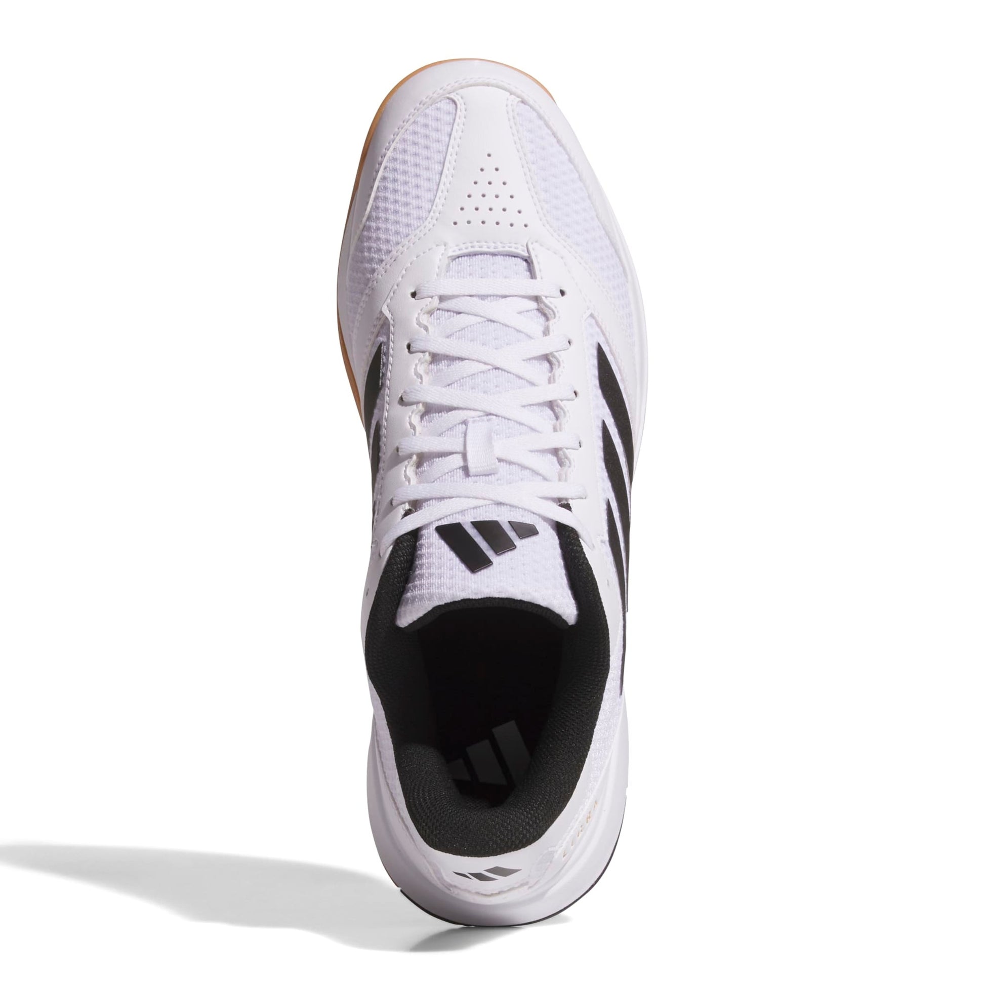 White squash shoe with black accents on a white background