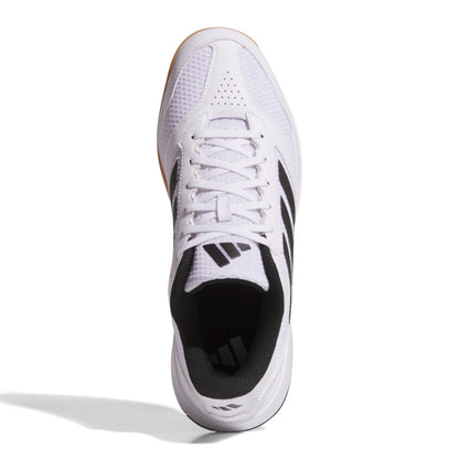 White squash shoe with black accents on a white background